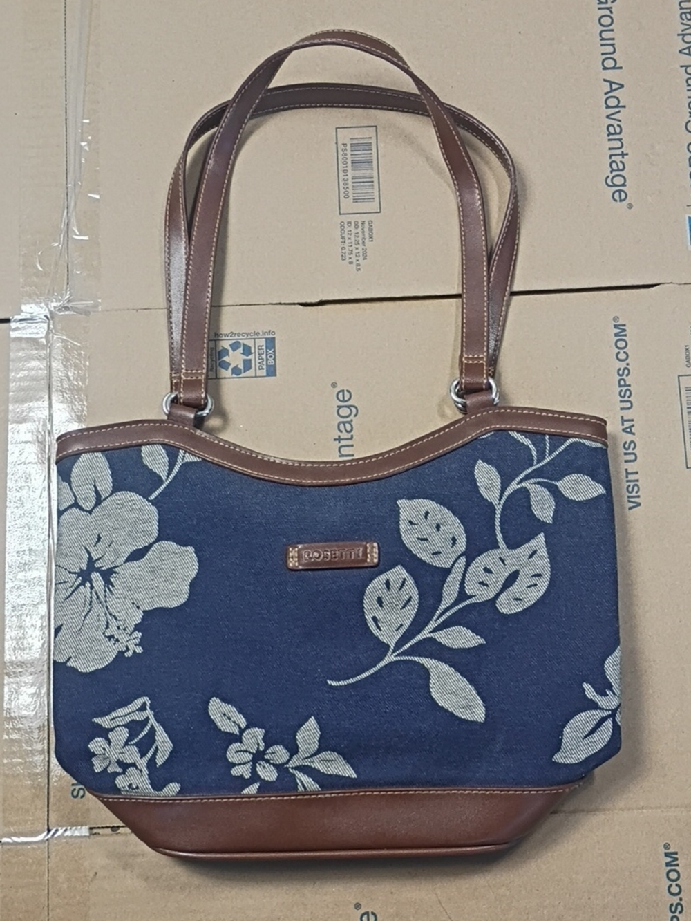 Rosetti Navy Floral Canvas Tote with Brown Trim
